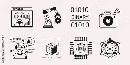 Artificial Intelligence and Robotics Icons Set – Machine Learning, Automation, Binary, Neural Network, Processor