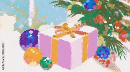 Merry Christmas: impressionist-style gift box (purple-orange stripe), colorful ornament, pine branch; ideal as wallpaper, poster, banner for festive holiday decor