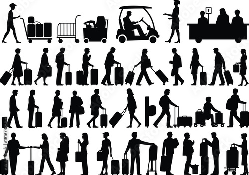 Set of traveler silhouettes carrying luggage and bags, depicting people at airport, train station, or terminal for travel and holiday concept.