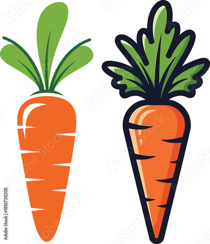 Two stylized orange carrots with green tops isolated on transparent background vector