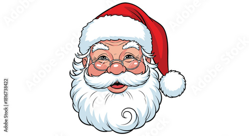 A cheerful illustration of Santa Claus's face, smiling, wearing his iconic red hat and beard.