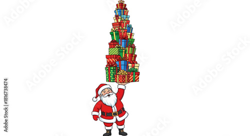 Cartoon illustration of Santa Claus running with a large sack filled with Christmas presents.