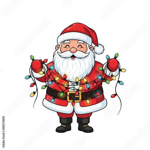 Cheerful Santa Claus holding and tangled in colorful Christmas lights, smiling.