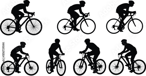 Set of black cyclist silhouettes, mountain bike and road bike riders, vector illustration collection, sport fitness concept, active men riding bicycles, side view, isolated.