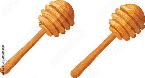 Two wooden honey dippers with grooved heads isolated on transparent background 