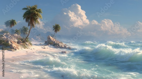 Serene Beach Landscape with Palm Trees and Gentle Ocean Waves