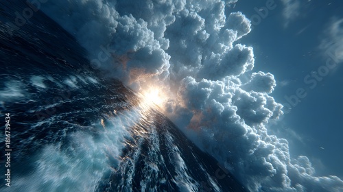 Dramatic Ocean Scene with Clouds and Light Breaking Through Sky