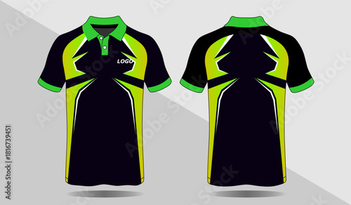 Modern Sport Polo Shirt Design with Green and Black Color Scheme and Front Back View