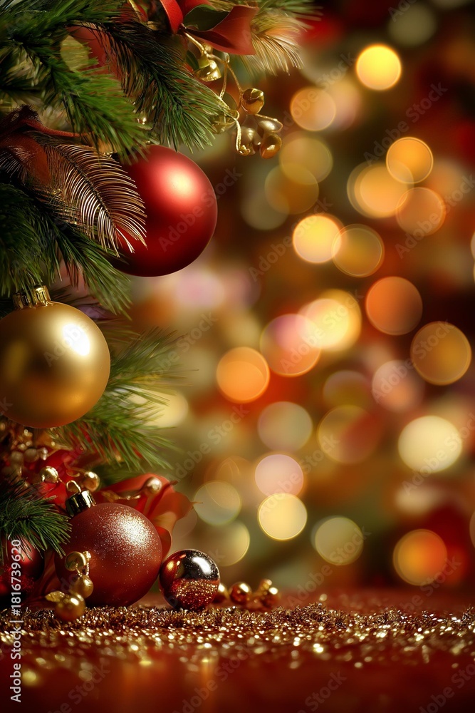 Fototapeta premium A beautifully decorated Christmas tree adorned with colorful ornaments and twinkling lights, evoking holiday cheer.