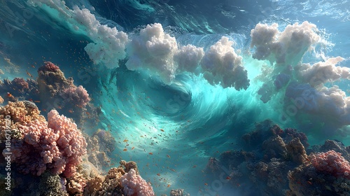 Vibrant Ocean Wave Crashing Over Colorful Coral Reef Landscape