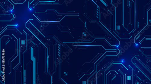 Bright blue electronic board layout featuring illuminated circuits. Ideal for advanced tech background themes.