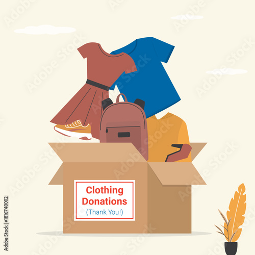 Clothing donation, banner. Various old clothes drop into cardboard box. Charity donation concept, second hand things. Support, volunteering and humanitarian aid.