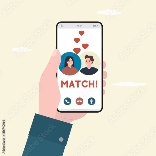 Dating service, modern mobile application. Hand holding smartphone with dating app, people avatars on screen. Love and relationships in internet. Love couple.