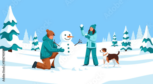 Building a snowman in a winter wonderland A family activity with a playful dog on a snowy day