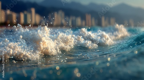 Ocean Waves Sparkling Under Sunlight with Cityscape in Background