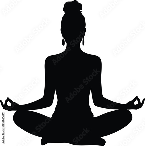 Vector black silhouette of a woman sitting in a full meditative yoga pose with Gyan Mudra hands, promoting peace, focus, and wellness concept.
