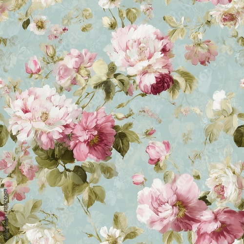 A vibrant floral pattern featuring pink and white blossoms against a soft blue background.