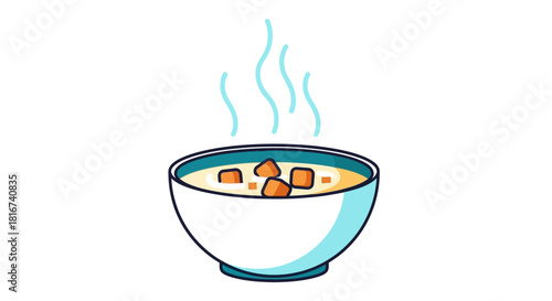 Bowl of Steaming Hot Soup with Croutons Illustration
