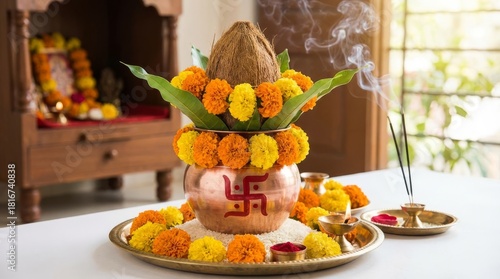 Hindu Puja Decoration Still Life - A traditional Hindu puja setup featuring a decorated kalash, flowers, and incense, symbolizing auspiciousness and prayer