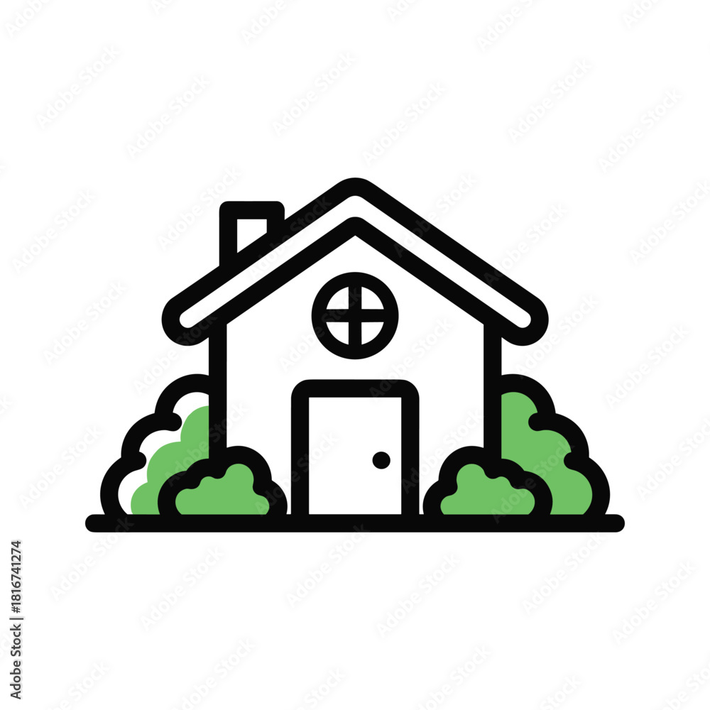 Fototapeta premium Simple line art icon of a small house with green bushes, isolated on