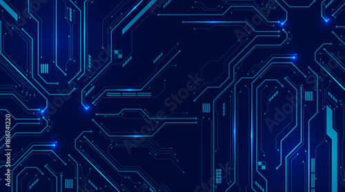 Bright blue electronic board layout featuring illuminated circuits. Ideal for advanced tech background themes.