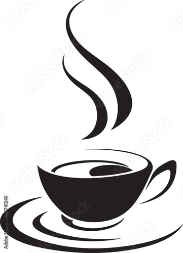 Black silhouette of a steaming hot cup of coffee or tea on a saucer isolated on transparent background