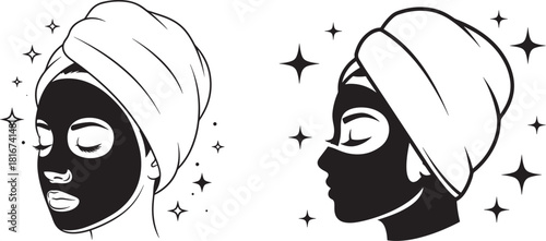 Two black silhouette faces wearing spa towels and face masks with sparkling stars isolated on transparent background silhouette