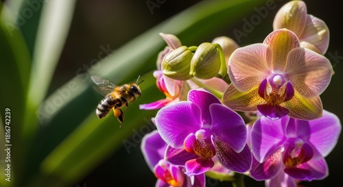 A bee in mid-flight approaching colorful purple and peach orchids with green foliage in the background.