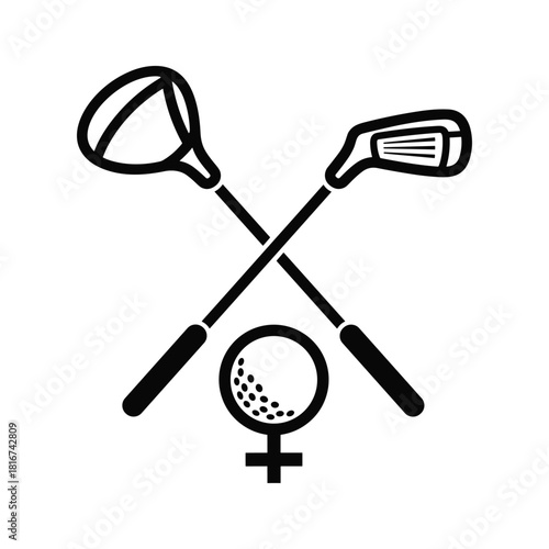 Female golf icon with crossed clubs and a golf ball, representing womens golf, isolated on