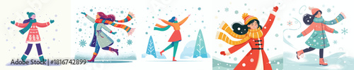 woman swings arms happily snowing