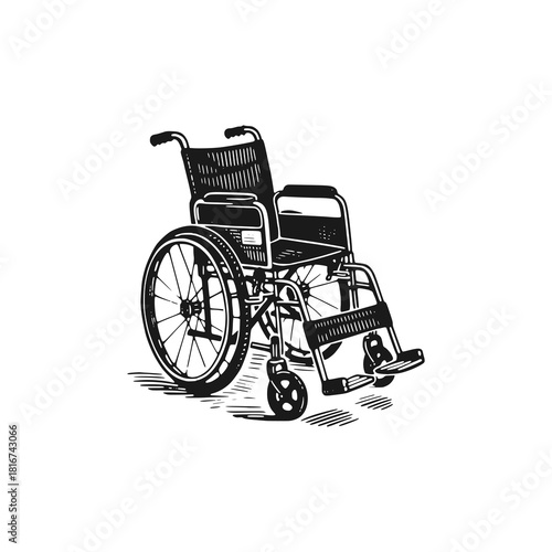 Patient wheelchair. Black white vector illustration.