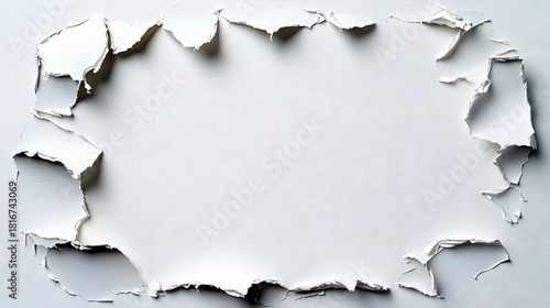 A close-up, abstract view of a white surface with torn edges forming a frame. The torn pieces reveal layers and create a textured border against a clean white b