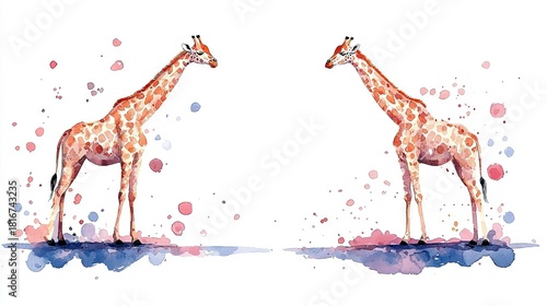 A watercolor illustration featuring two giraffes with distinctive spotted patterns, positioned facing each other. The artwork is set against a white background
