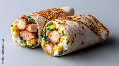 Two freshly prepared wraps filled with grilled sausage pieces, corn kernels, fresh greens, and a creamy sauce, presented against a smooth gray studio background