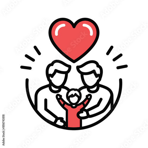 Happy family icon with two parents and a child under a loving red heart, symbolizing care and togetherness