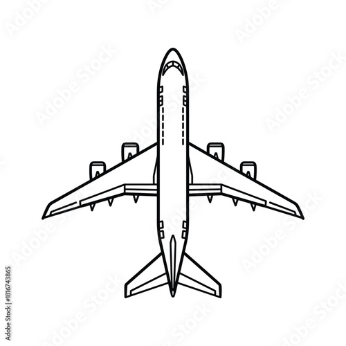 Overhead view of a commercial passenger airplane, a simple black and white line art illustration, isolated on