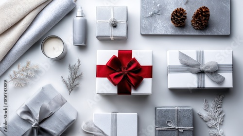 Assortment of elegantly wrapped gifts and decorative elements arranged on a bright surface