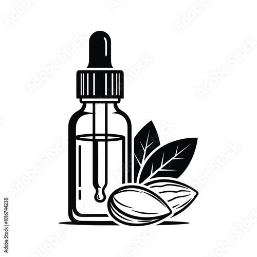 Almond oil dropper bottle with almonds and leaves, natural cosmetic and health product, isolated on white