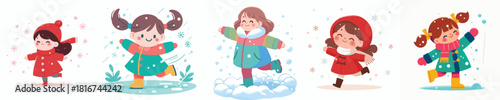 little girl swings arms happily snowing