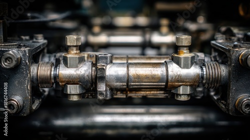 Close-up of shiny mechanical part showcasing detailed metalwork on industrial equipment with nuts and bolts highlighting engineering precision and craftsmanship