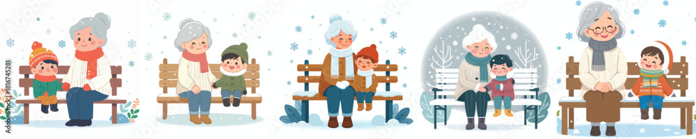 Fototapeta premium Grandmother and granddaughter sitting outside enjoying the snow