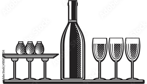 Wine bottle and glasses vector illustration black and white