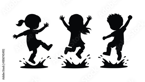 Kids playing in puddles silhouette vector illustration art