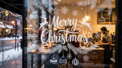 Merry Christmas Cafe Window Decoration - Cafe window decorated for Christmas with painted holiday designs, seen from the street. Festive winter scene