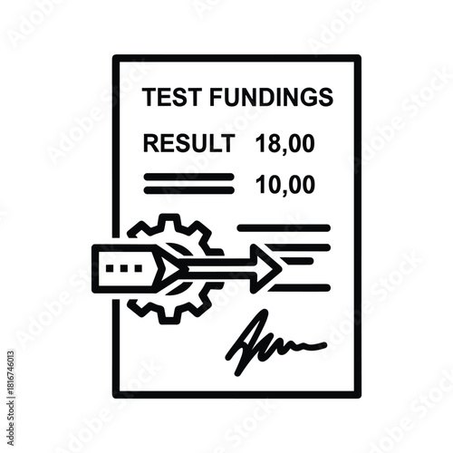 Black and white line icon representing a gear mechanism processing a test findings document with a signature