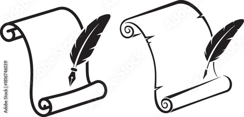 Two stylized parchment scrolls with quill pens and ink isolated on transparent background silhouette