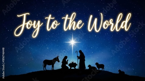 Nativity Scene with Joy to the World Text - A silhouette of the Nativity scene with the text 
