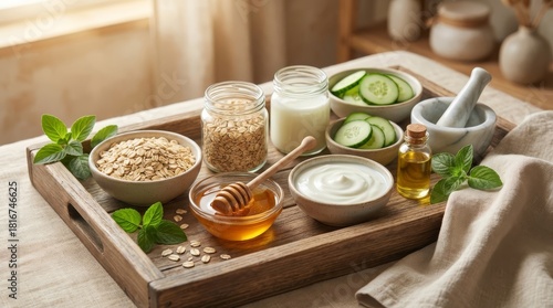 Natural Spa Ingredients Tray - Spa ingredients on a tray: oatmeal, honey, milk, yogurt, cucumber, oil, mortar and pestle, and mint. Representing health, wellness, self-care, rejuvenation, and beauty