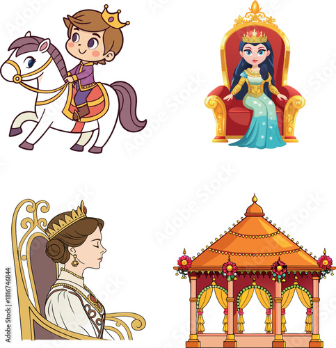 set of Royal and Decorative Illustrations | Cartoon Prince, Queen on Throne, and Indian Pavilion Graphics