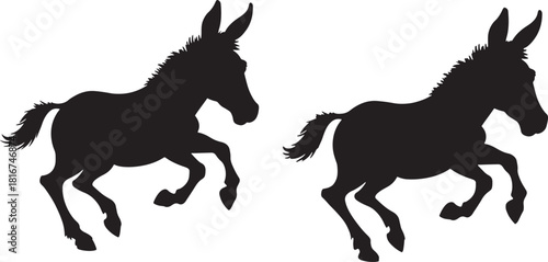Two black donkey silhouettes in profile facing left with legs in motion isolated on transparent background